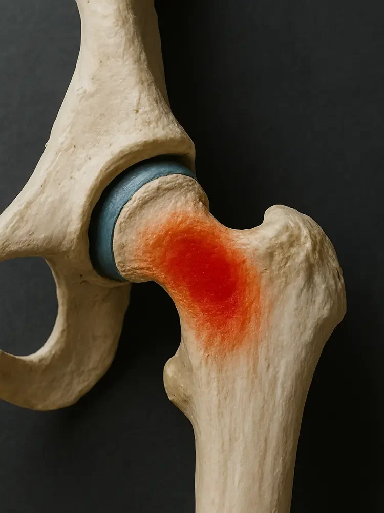 An anatomical hip joint model with a red highlight indicating hip pain and injury.