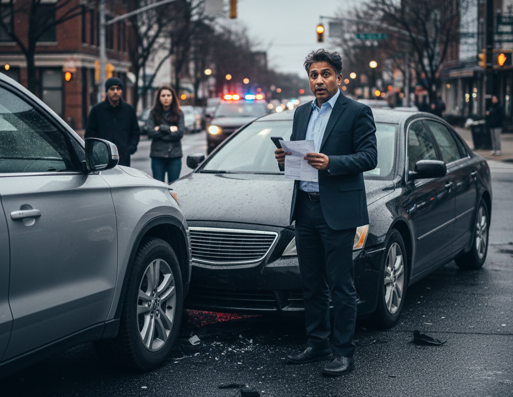 A confused man holding papers at a car accident scene with police sirens in the background.