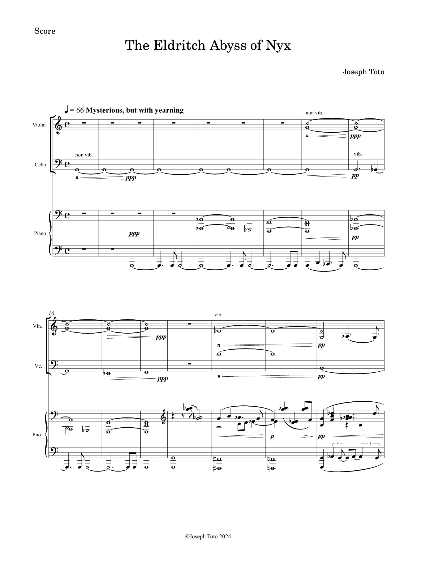 Musical score titled "The Eldritch Abyss of Nyx" by Joseph Toto, featuring parts for violin, cello, and piano, with dynamic markings and tempo indication of 66 beats per minute.