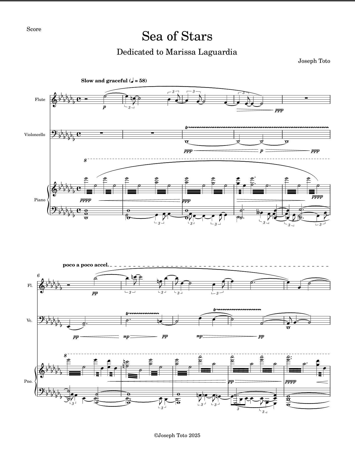 Sheet music titled 'Sea of Stars,' dedicated to Marissa Laguardia, composed by Joseph Toto, with musical notation for flute, violoncello, and piano, indicating a slow and graceful tempo.