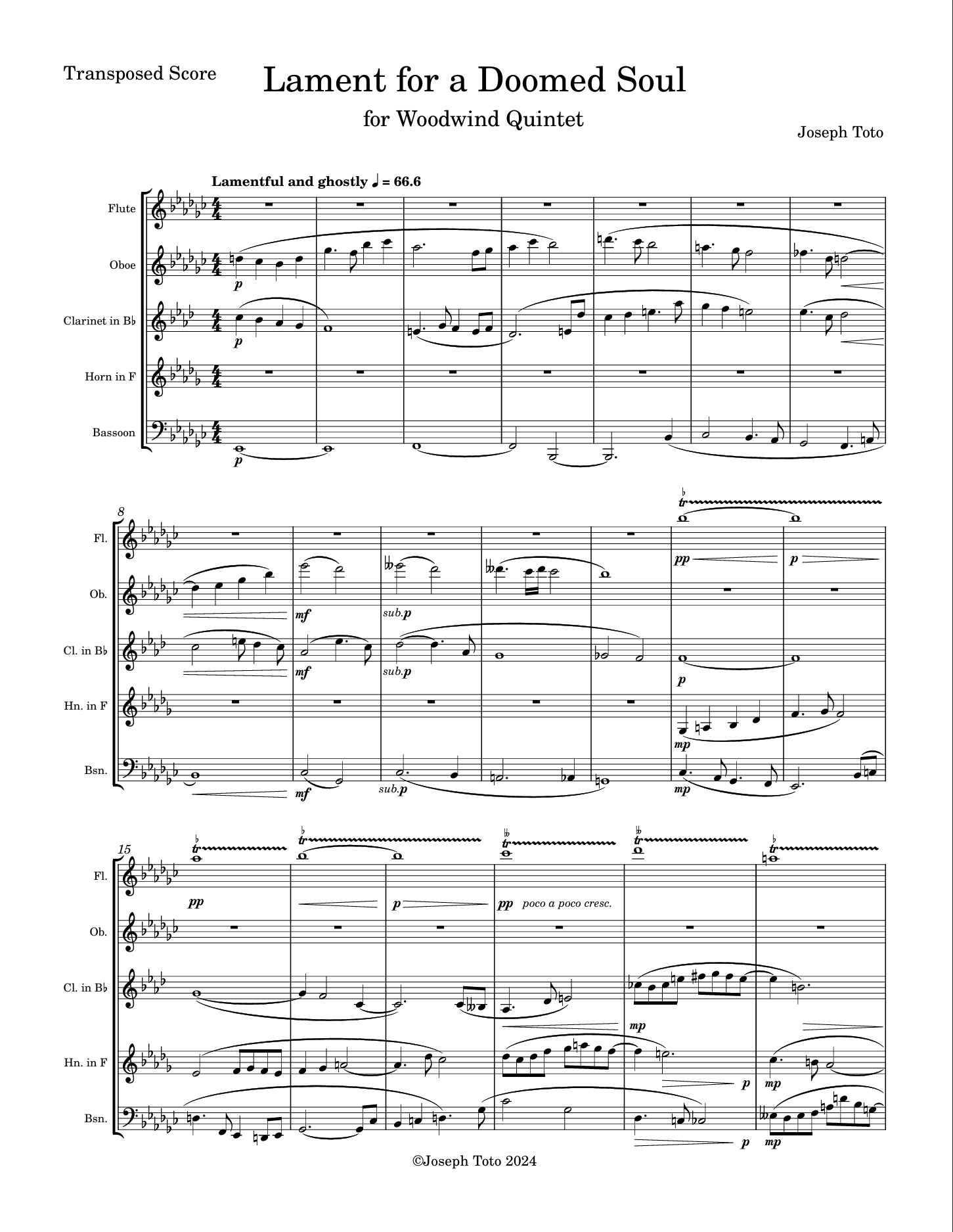 Sheet music titled "Lament for a Doomed Soul" for Woodwind Quintet by Joseph Toto, showing musical notation for flute, oboe, clarinet in B♭, horn in F, and bassoon, beginning with a lamentful, ghostly theme.