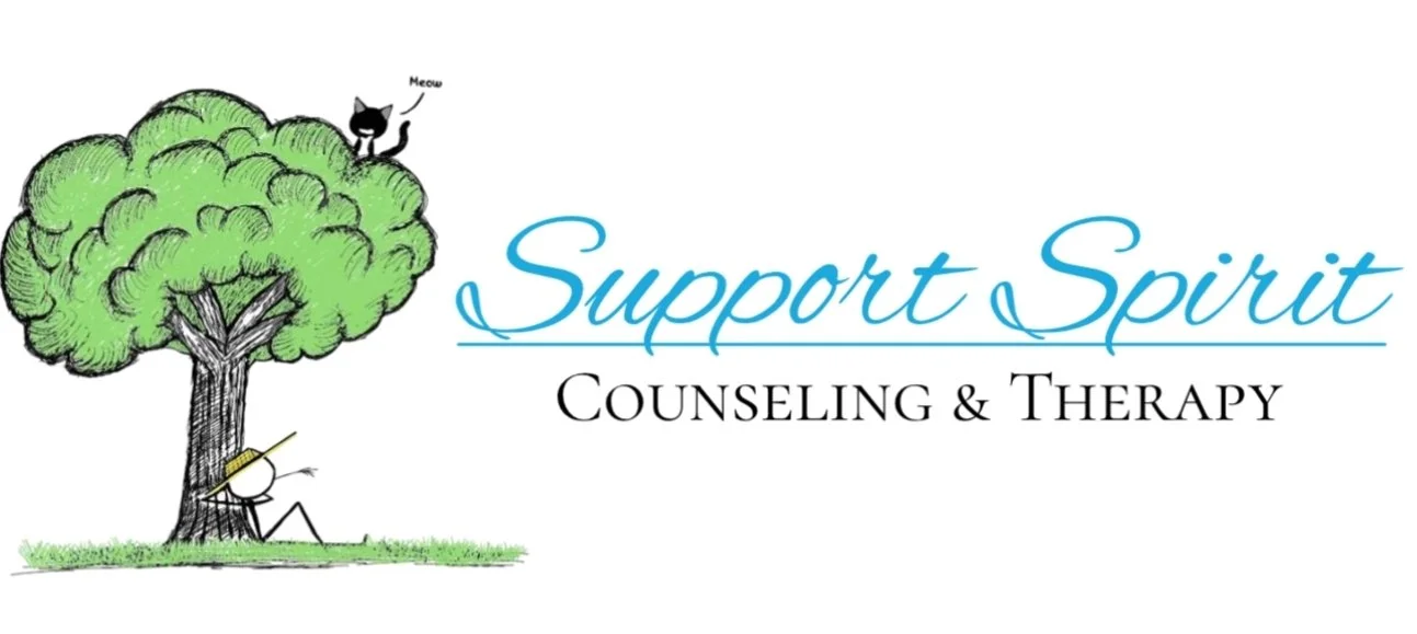 Logo for Support Spirit Counseling & Therapy featuring a tree with a black cat and a figure sitting under the tree, with the figure holding a book, and a bird on a branch.