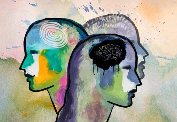 Watercolor painting of three abstract human heads in profile with colorful and dark patterns in the brains and backgrounds.