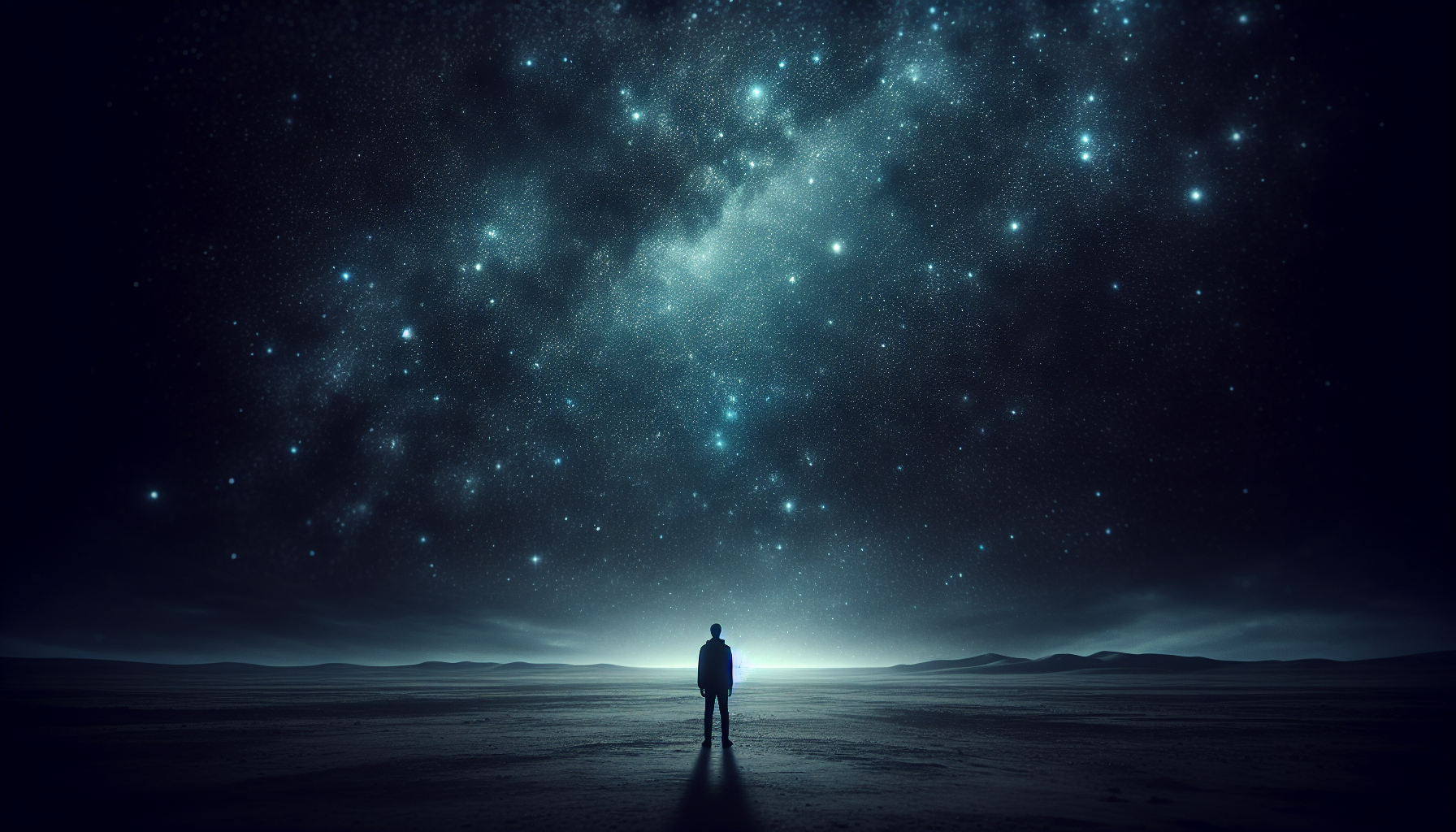 A person standing alone on a desert landscape at night, gazing at a star-filled sky with the Milky Way galaxy visible.