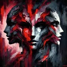 An abstract painting of three faces intertwined, with bold red, black, and white brushstrokes.