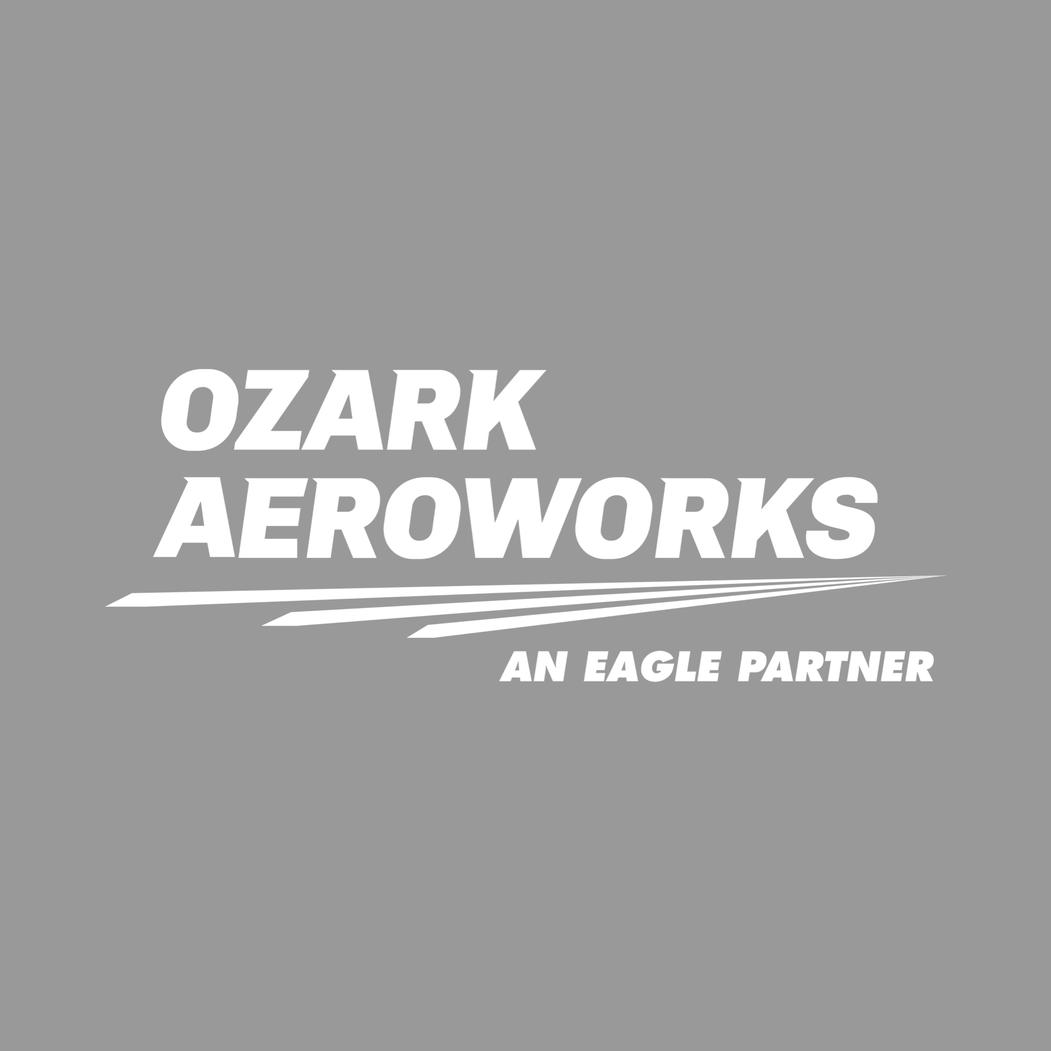 Logo for Ozark Aeroworks with the tagline "An Eagle Partner" on a gray background.