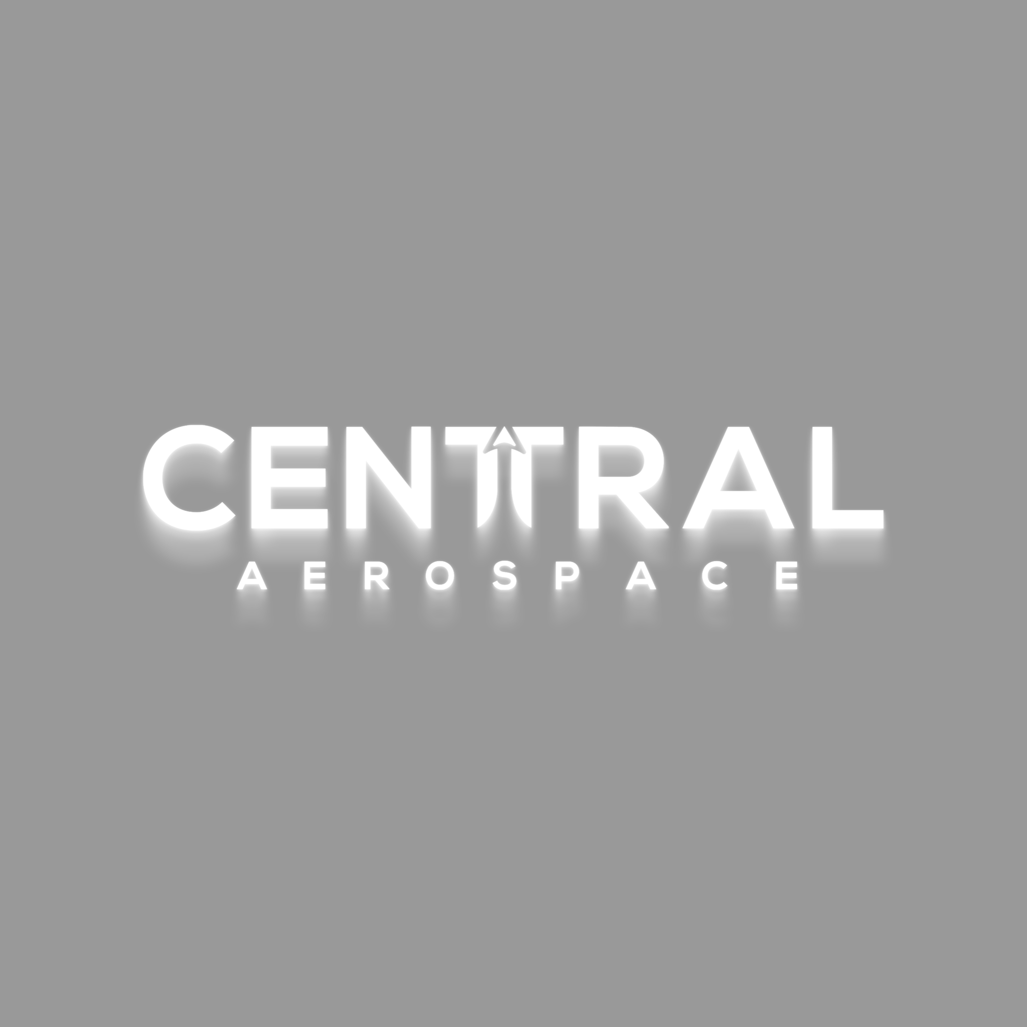 Logo for Central Aerospace on a gray background, with the text 'Central Aerospace' in white, glowing letters.