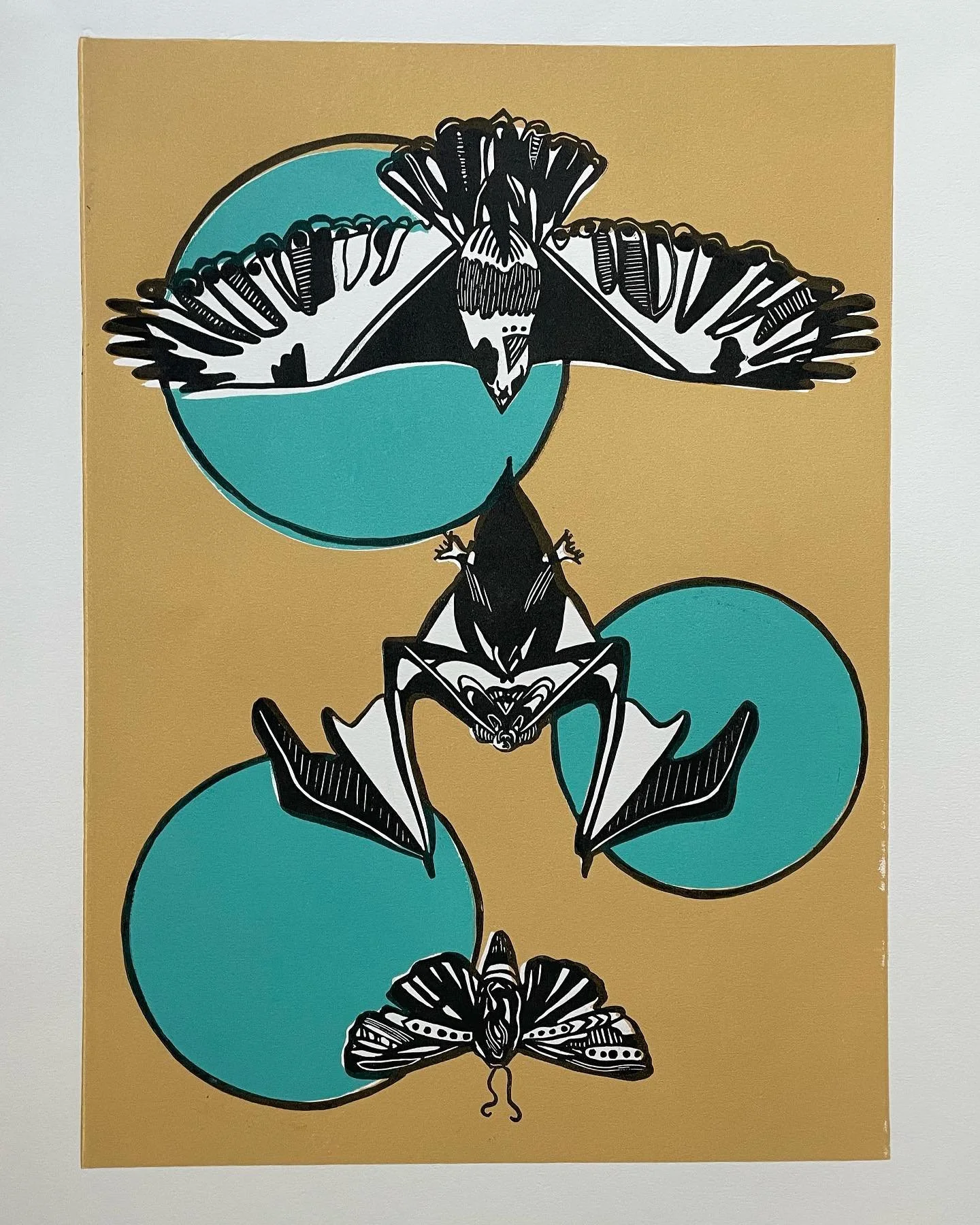 Finally finished this linocut that I started when I first injured my ankle and needed to spend hours a day sitting &amp; carving. It turned into quite the process of problem solving &amp; strategizing to figure out how to produce the image I wanted w