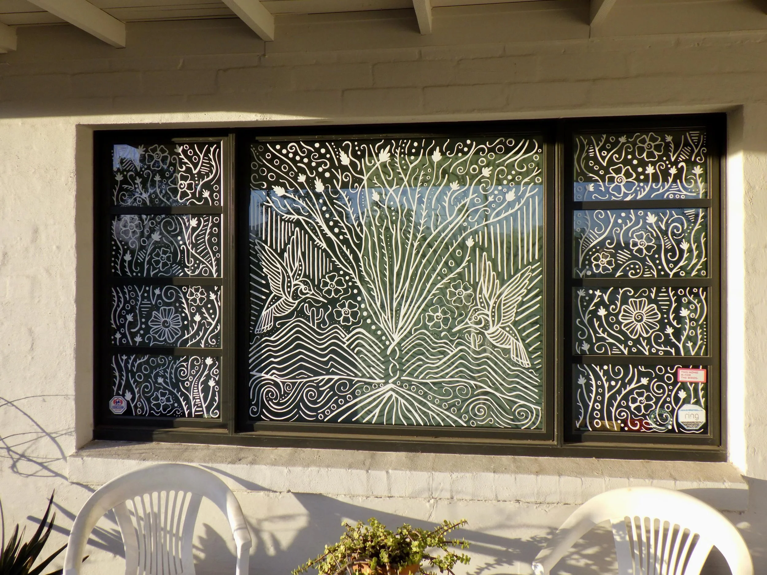 For the Birds, 2025

My first window paintings, commissioned by a Tucson resident last year to prevent bird window strikes. She&rsquo;s made her house into a home for the birds&mdash; native vegetation, water, and feeders in every inch of the yard. I