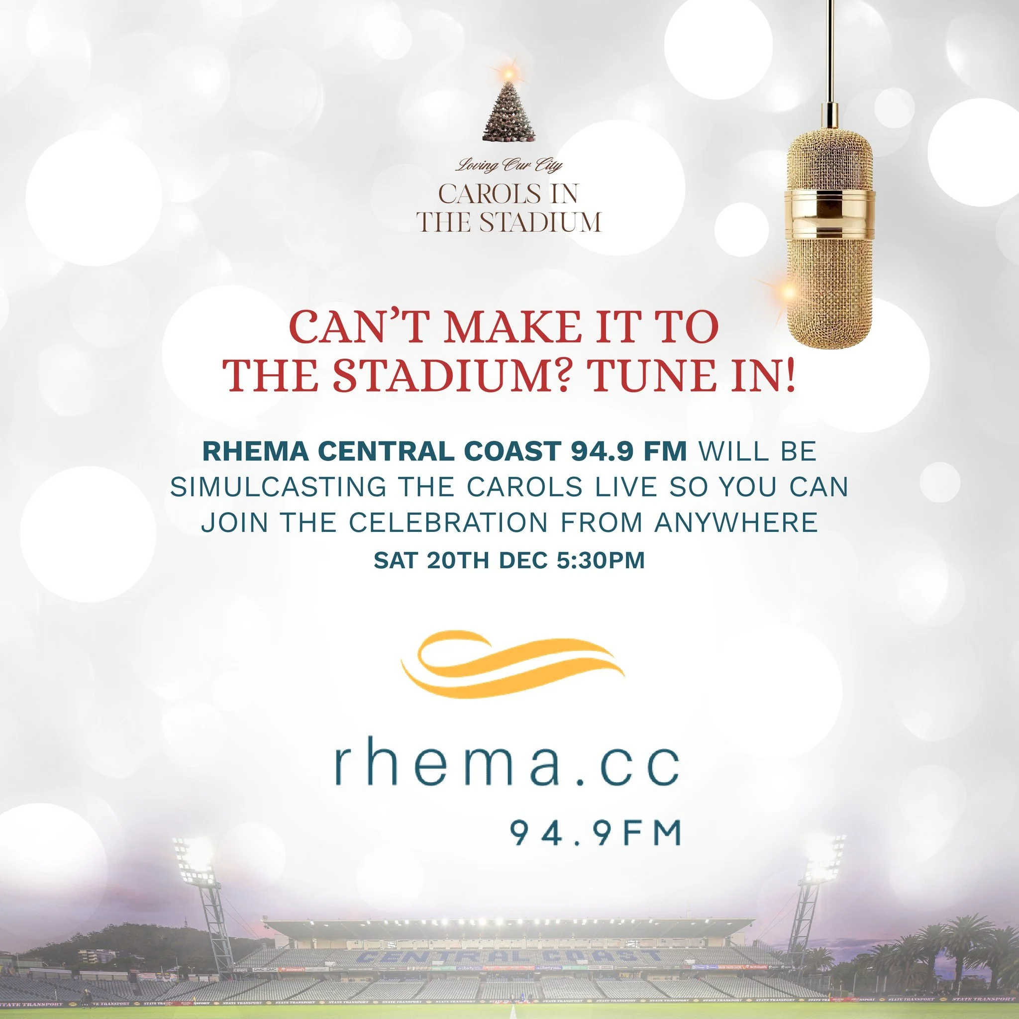 Can&rsquo;t make it to the stadium? Tune in! Rhema Central Coast 94.9 FM will be simulcasting the carols live so you can join the celebration from anywhere 

#rhemacentralcoast #gosford #carolsinthestadium #liveshow