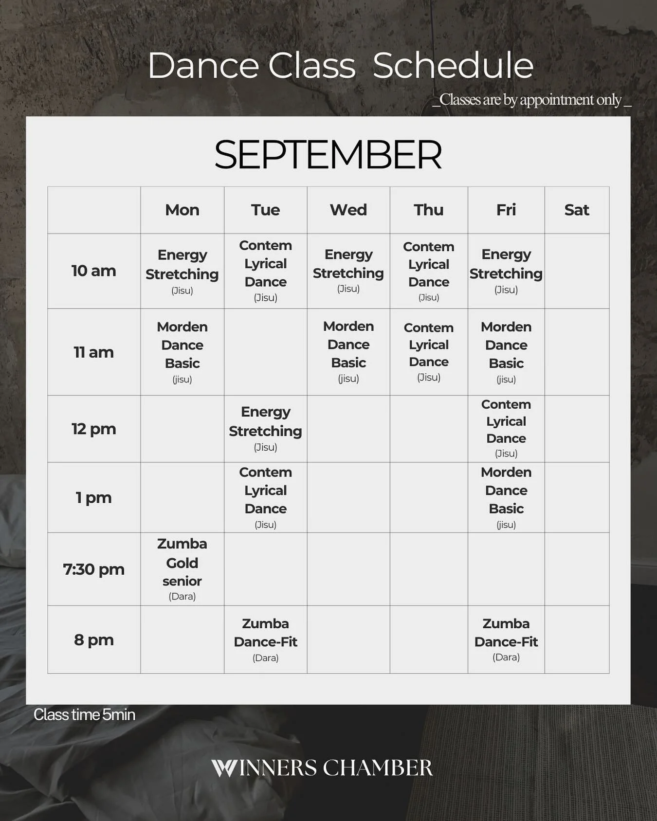 ✨ September Dance Class Schedule ✨

All classes are by appointment only.
For details and reservations, please send us a DM 💌

모든 클래스는 사전 예약 필수입니다.
자세한 문의와 예약은 DM으로 부탁드려요 💌

📍 Koreatown LA
🔥 다양한 댄스 &amp; 피트니스 클래스
💃 초보자도 환영합니다!

⸻

🔹 Class Descri