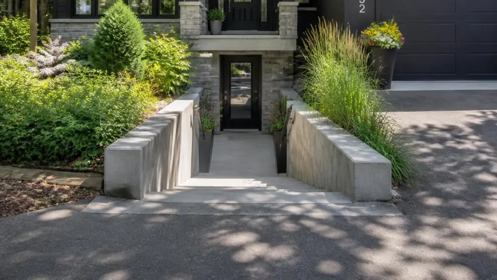 finished concrete basement walkout stairs and retaining walls by Niagara North Contracting