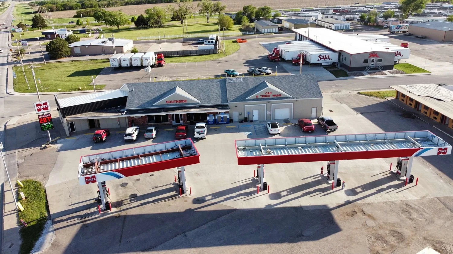 Aerial view of the Cenex fuel canopies at Southside Convenience in Hays