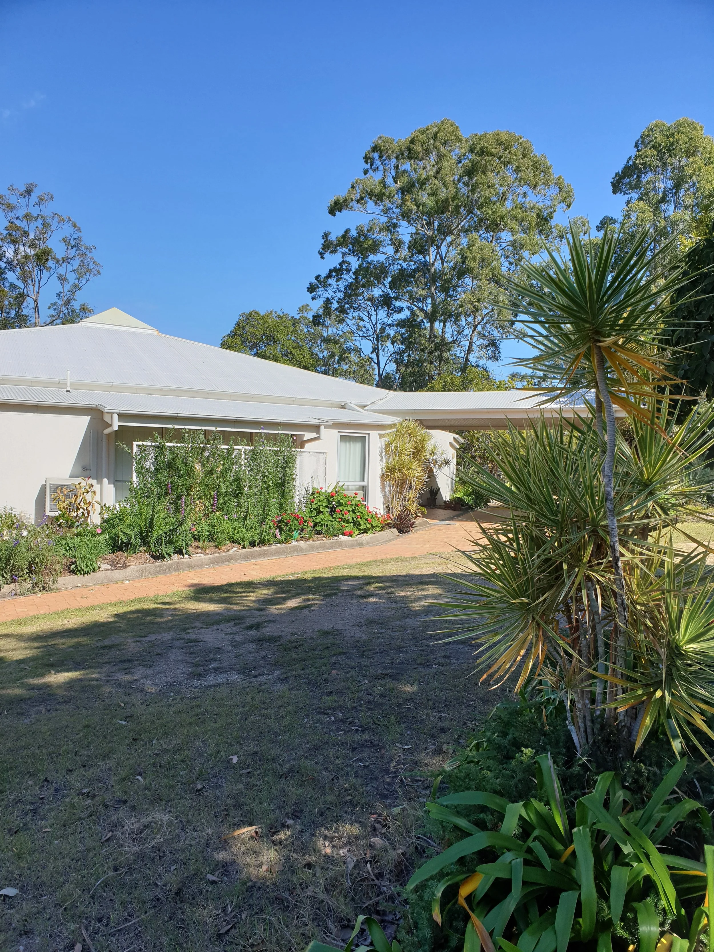 A white house with a garden and pathway, surrounded by tall trees under a clear blue sky.