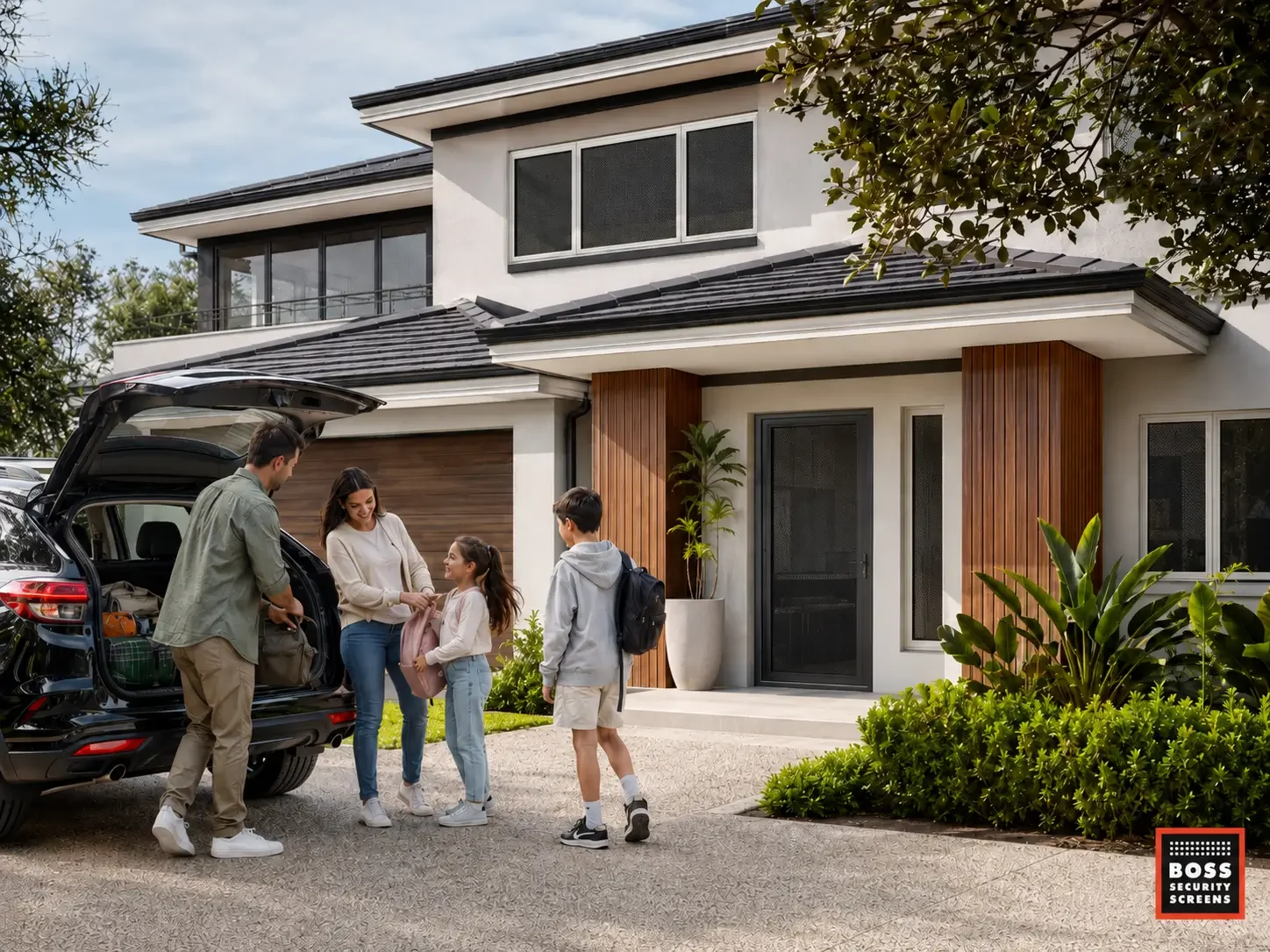 Northridge family loads the car outside a home with dark security screen panels on the entry and windows, showing practical protection for everyday family life.