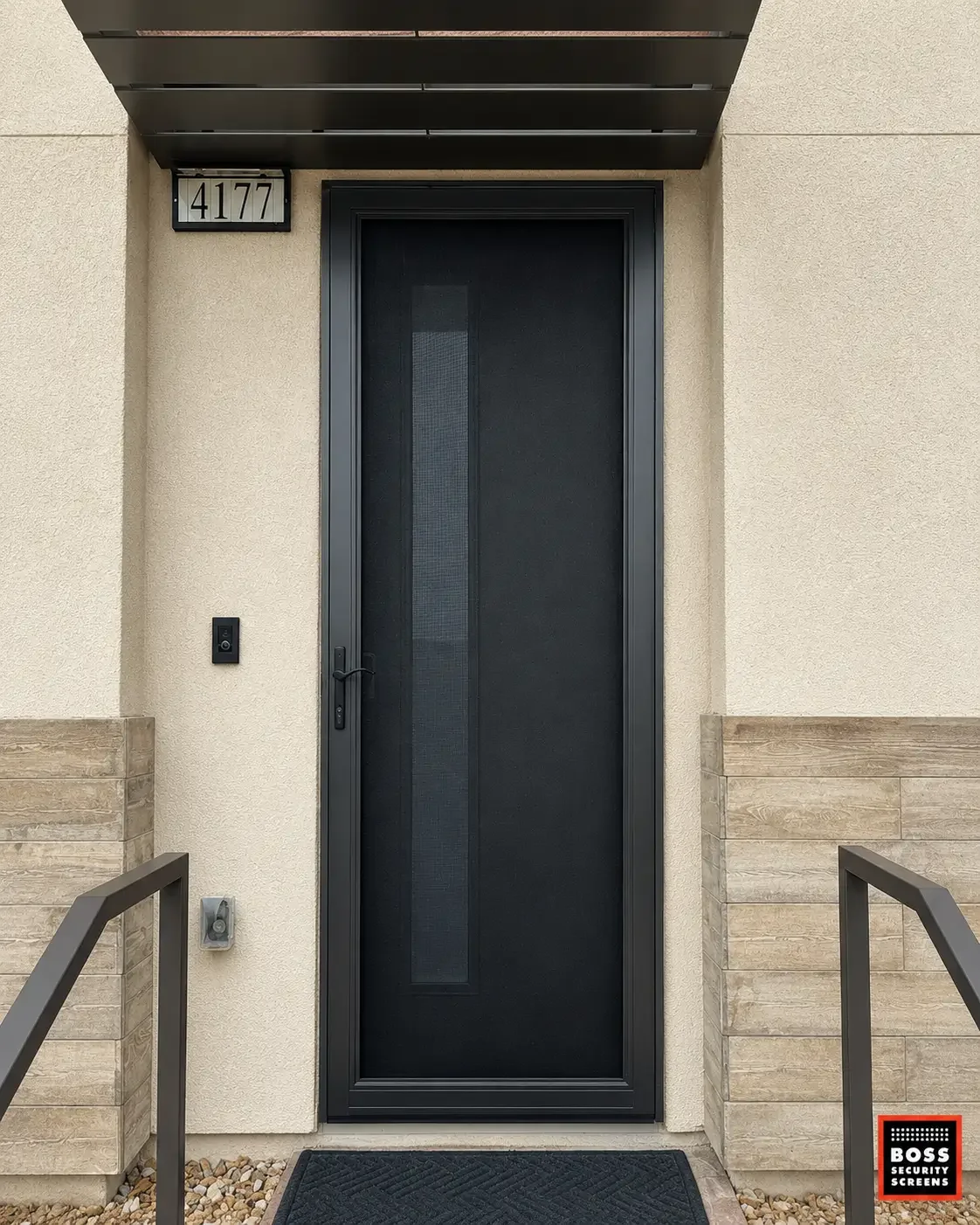 black-single-hinged-security-screen-with-narrow-vertical-panel-under-awning.webp