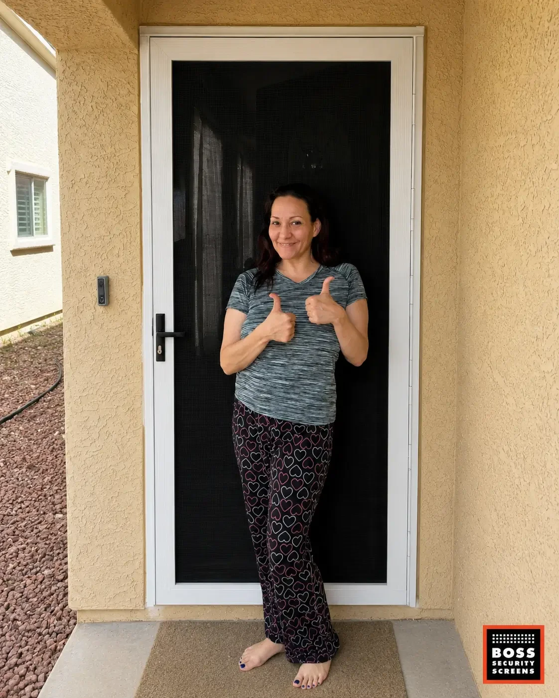 smiling-homeowner-thumbs-up-white-security-screen-door-stucco-entryway.webp