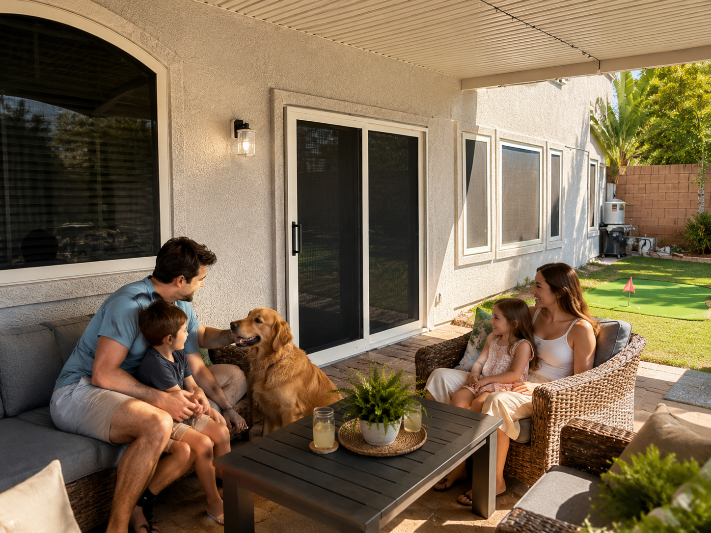 Happy family at home in Woodland Hills after installing security screen solutions for safer and more comfortable living