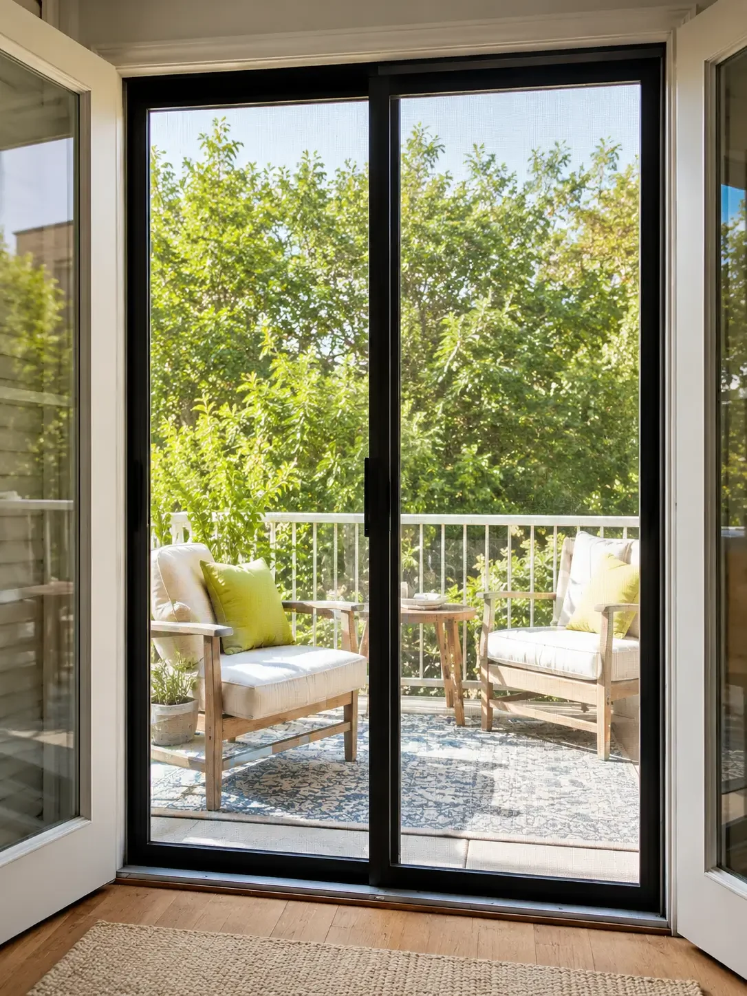 Charcoal security screen on glass patio doors protects a Santa Clarita home while preserving the bright balcony view and clean exterior style.