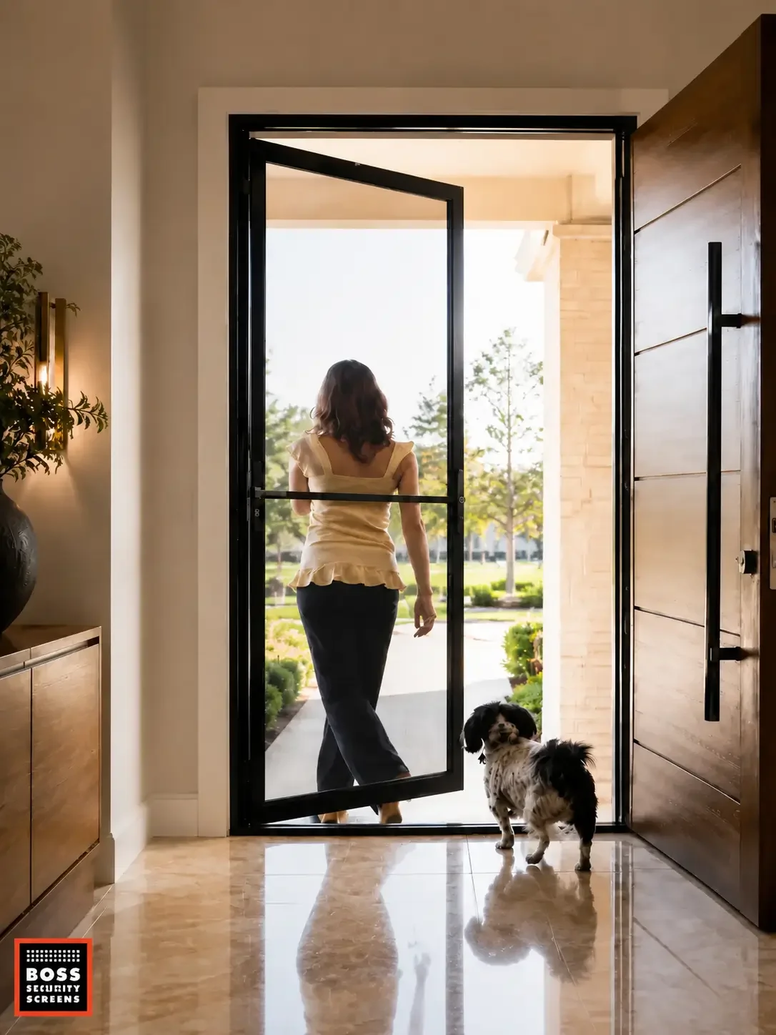 Homeowner feeling safe inside her home with security screen doors installed for stronger everyday protection