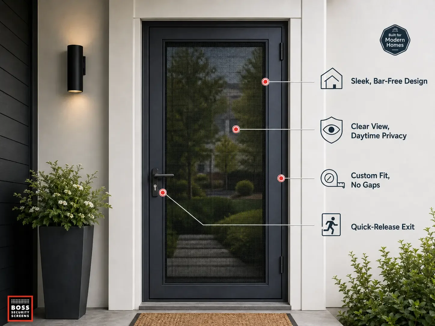Black single-hinged security screen door on a modern home entry, showing a sleek bar-free design, clear daytime privacy mesh, custom gap-free fit, and quick-release exit feature