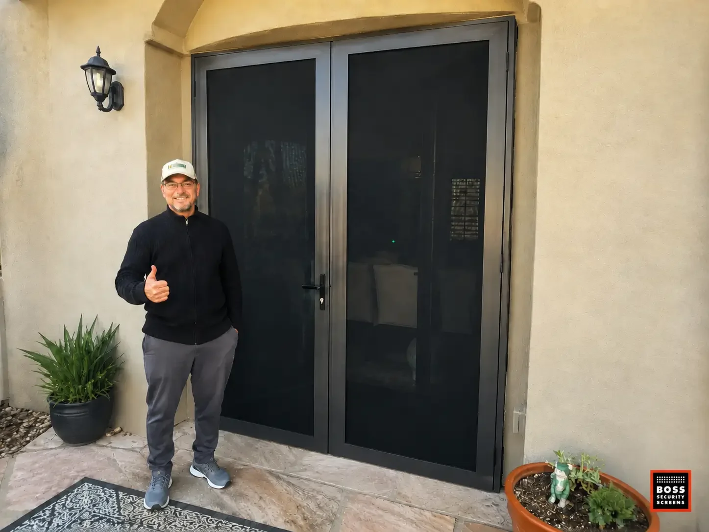 Calabasas homeowner stands beside dark security screen panels installed over double doors, showing discreet estate-level protection without altering the entryway.