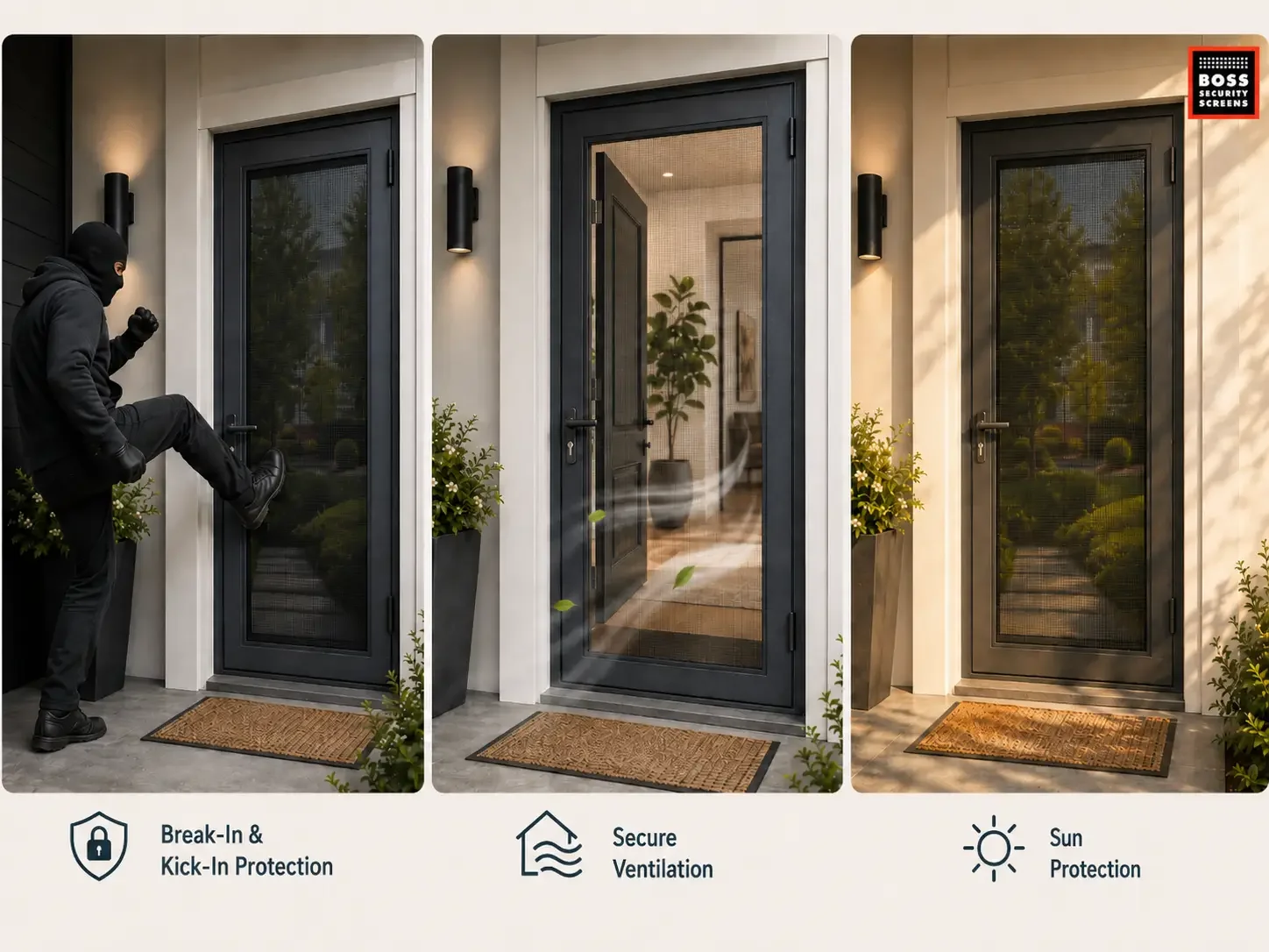 Three-panel marketing graphic showing a black single-hinged front door security screen providing break-in and kick-in protection, secure ventilation, and sun protection for San Fernando Valley homes