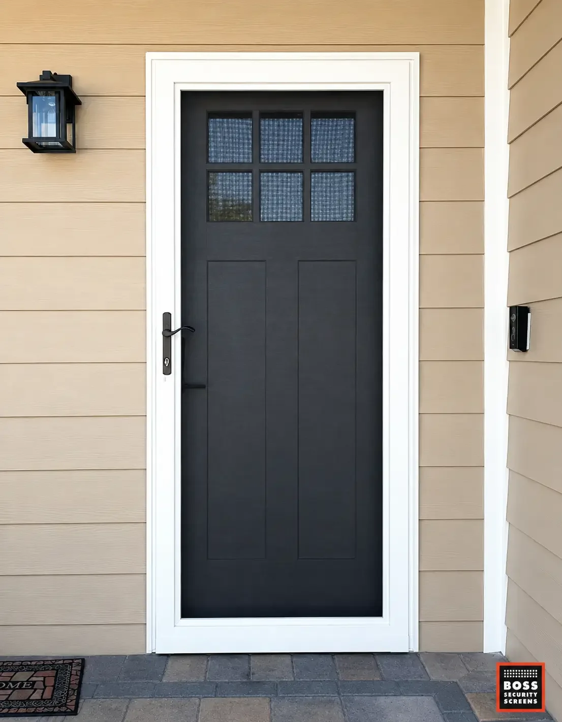black-single-hinged-security-screen-white-frame-beige-entryway.webp