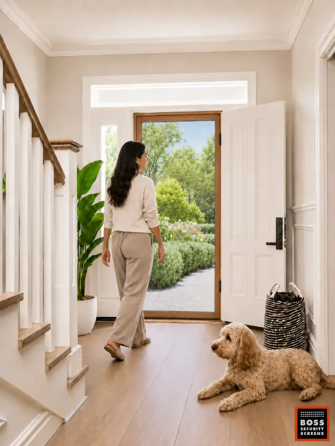 Woman and dog in a bright home entryway with a wood-framed single-hinged security screen front door, showing clear outdoor views, ventilation, and family-friendly protection for San Fernando Valley homes