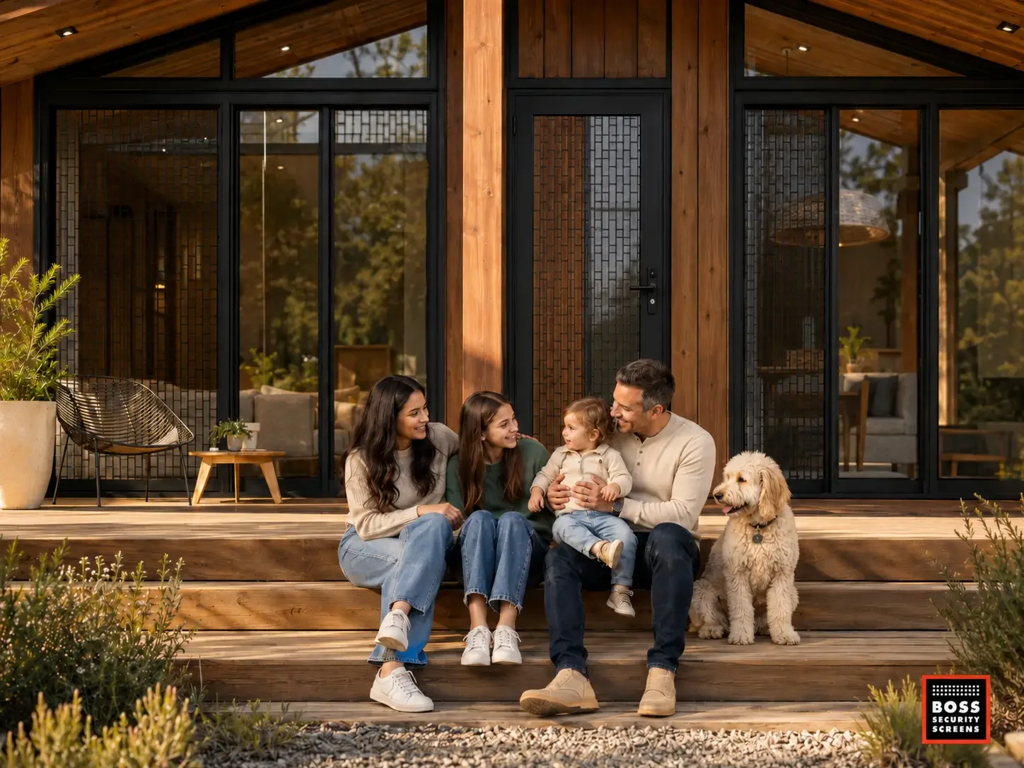 Happy family at their Glendale home with security screens installed on doors and windows for safety, airflow, and comfort