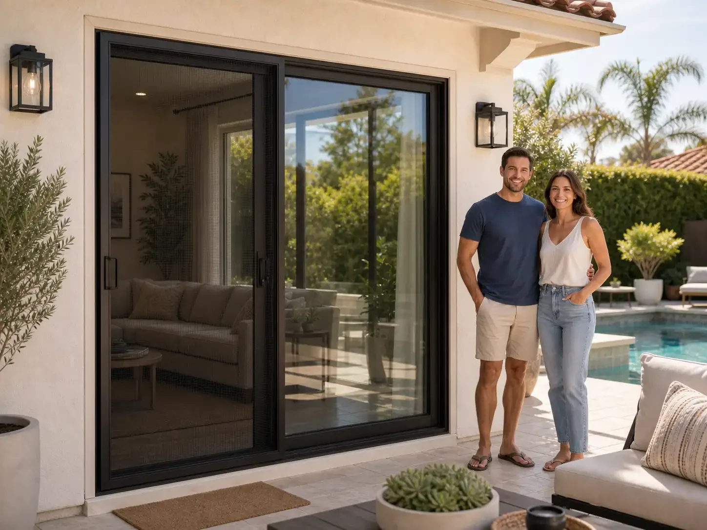 Sliding security screen door on a residential patio