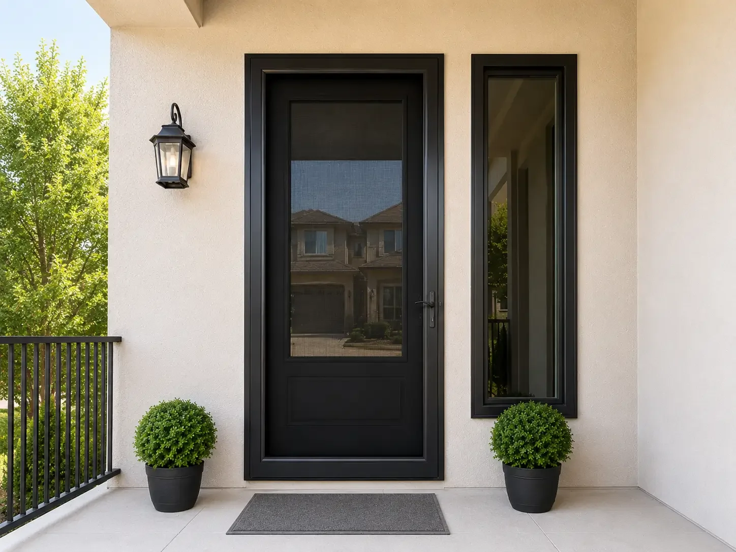 Security screen installed on the front door of a Woodland Hills home to improve entryway safety, airflow, and outdoor protection