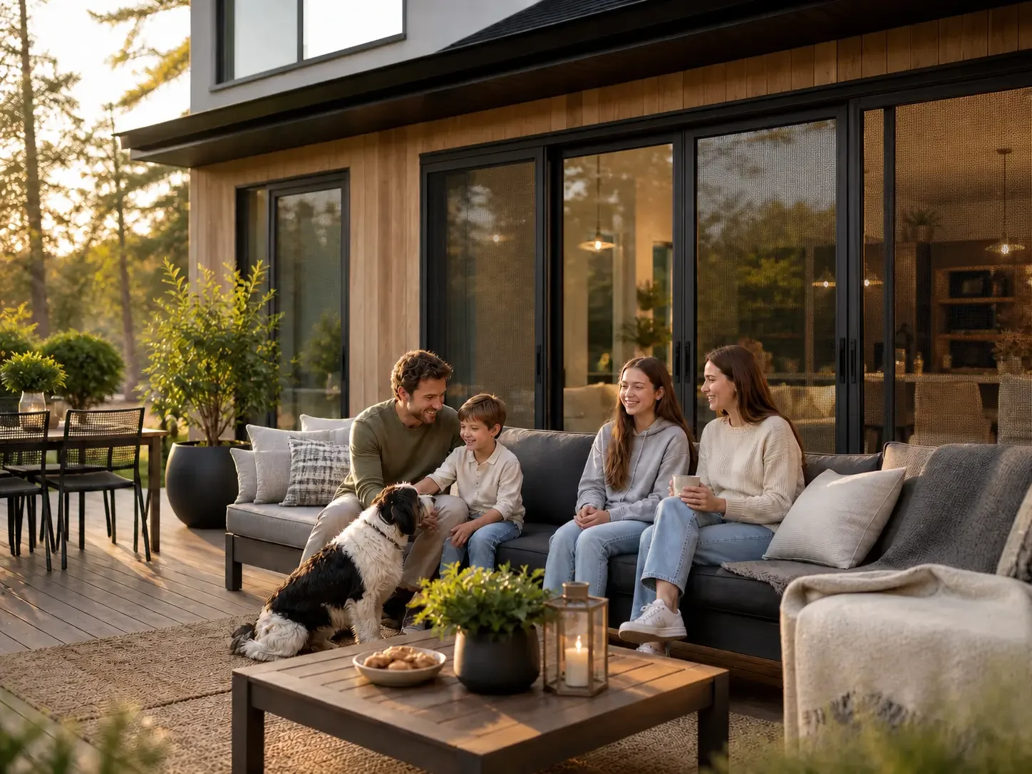 Happy family standing by their home with strong American-made security screen doors installed for safer everyday living