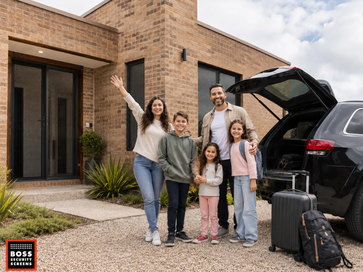 Encino family prepares to leave home with dark security screen panels covering the entry and windows, helping protect the property while they are away.