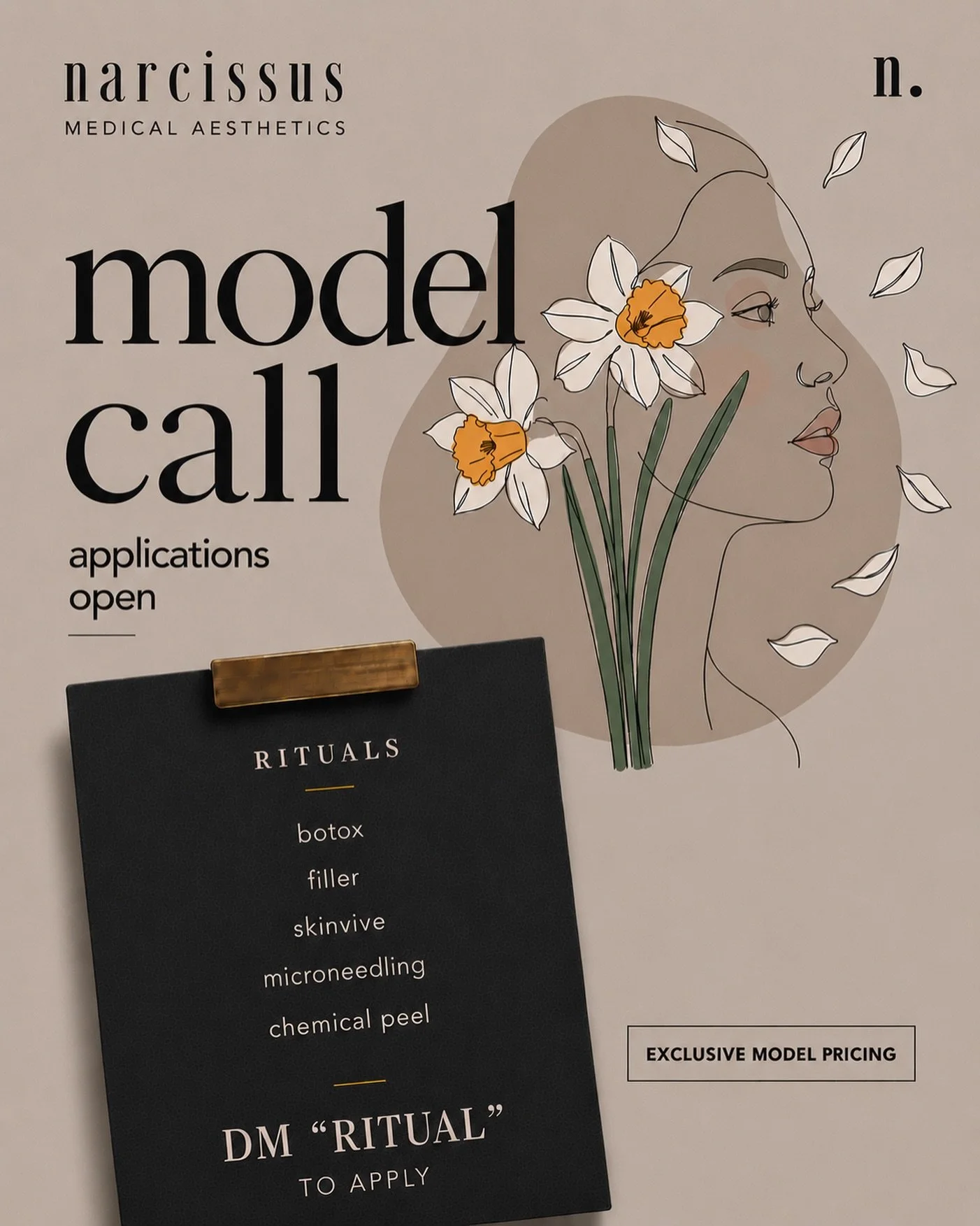 we&rsquo;re choosing our first faces.

before narcissus opens, we&rsquo;re welcoming a small group of founding models at exclusive model pricing.

✦ june 19 &mdash; filler &amp; skinvive models

we&rsquo;re looking for 2 filler models and 1 skinvive 