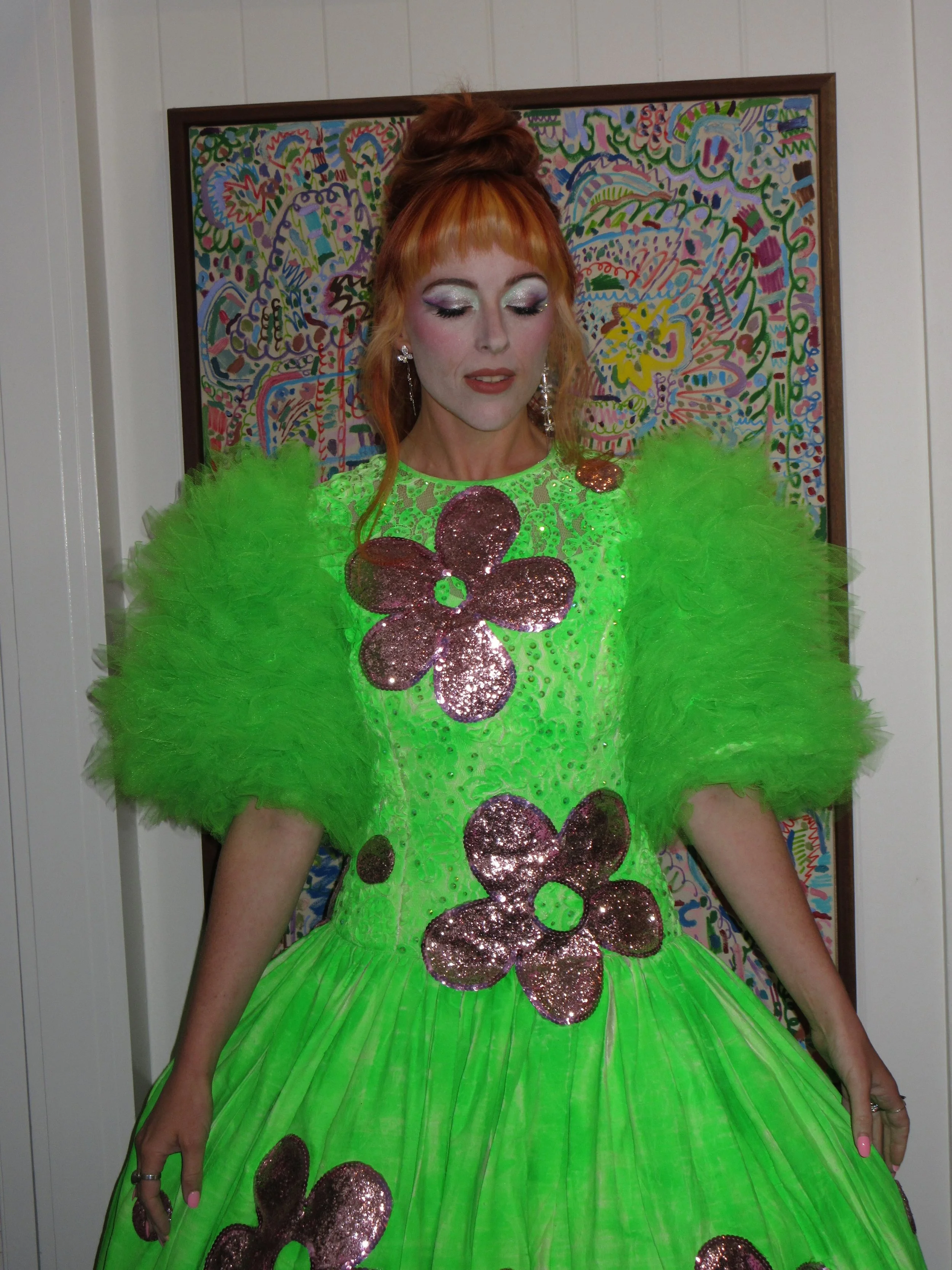 Rachel Burke for @qagoma&rsquo;s opening of &lsquo;Make, Believe, Magic - The Worlds of The Jim Henson Company&rsquo; 💚✨ 

A little bit of a Chappell Roan inspired look to go with this unrealllll gown. 

Hair + digi queen - @laura__who 
👸🏽 @imakes