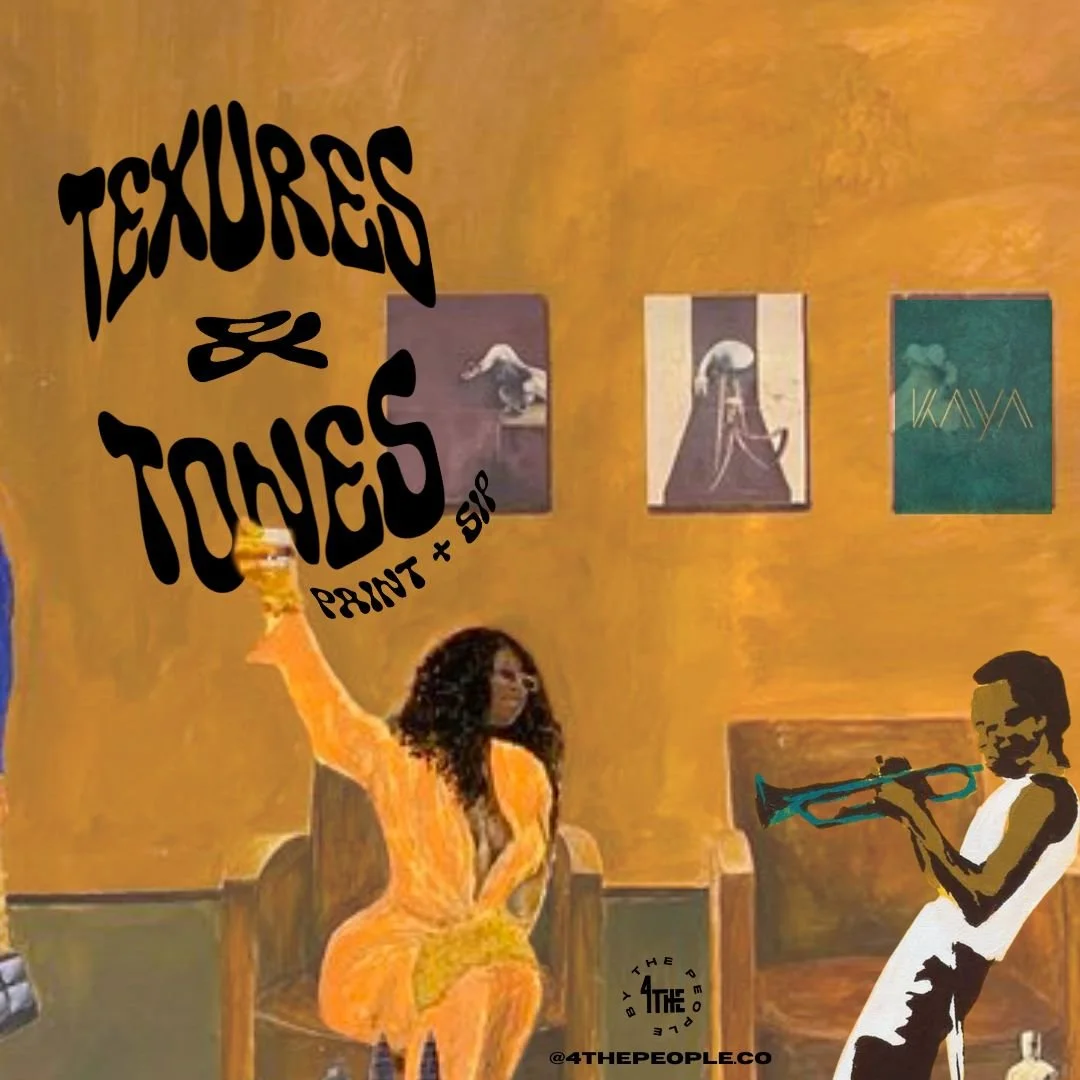 Illustration of a woman with curly hair in an orange dress raising her arm, with a man playing a trumpet on her right; three paintings on an orange wall in the background; text reading 'Textures & Tones Paint + Sip' at the top left and a logo and social media handle at the bottom center.