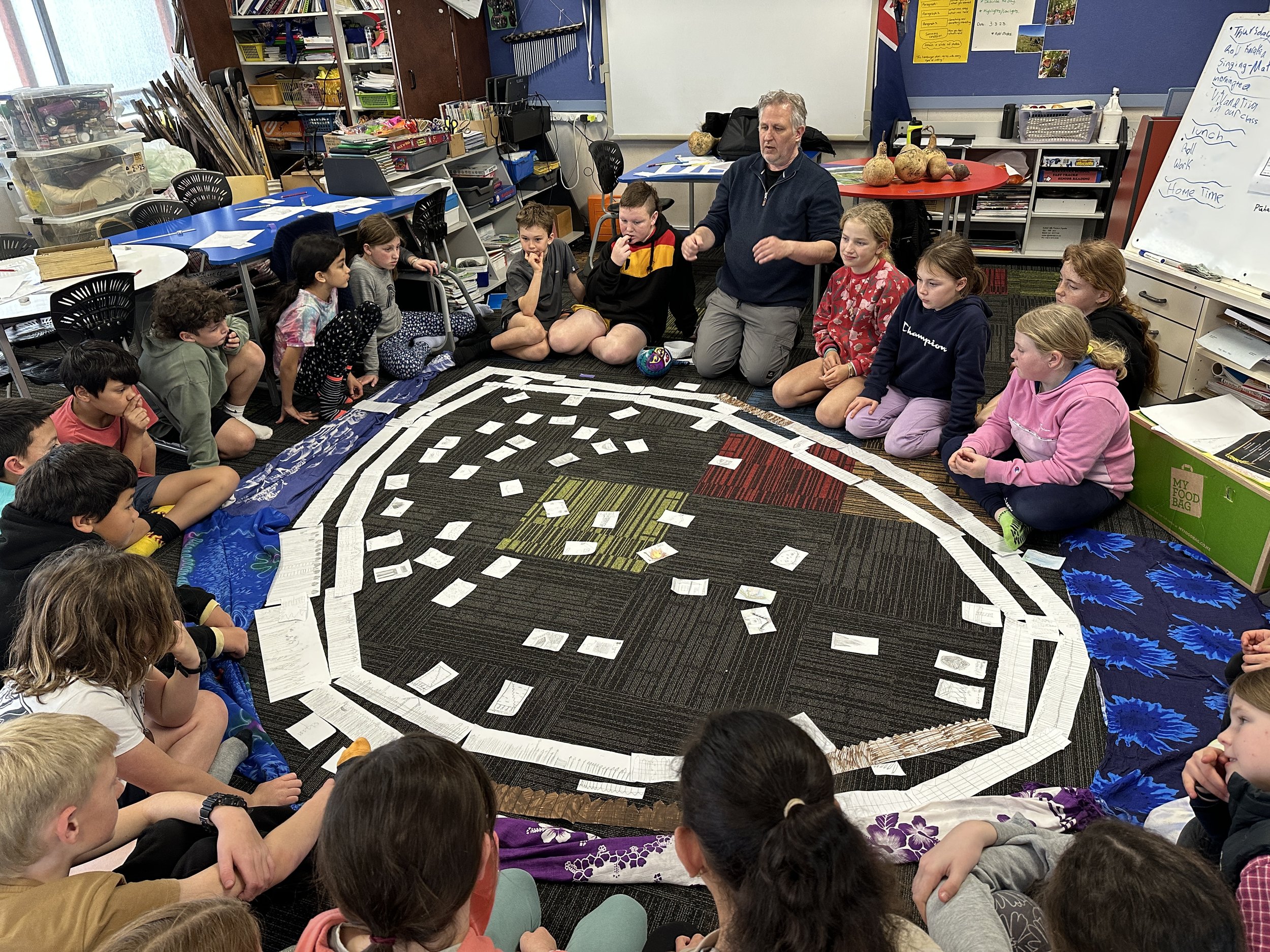A classroom with children sitting on the floor in a circle, engaged in creating a settlement