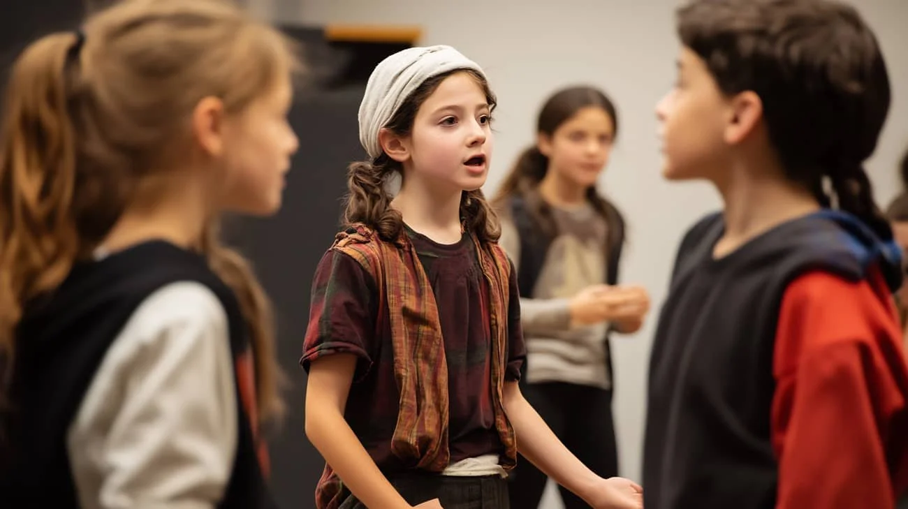 Group of children in conversation, girl in center speaking, others listening, classroom or rehearsal space