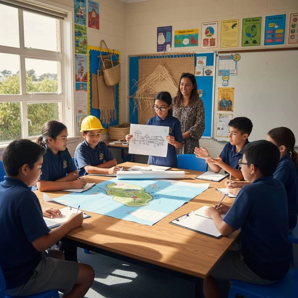 New Zealand schoolchildren collaborating as a team of experts in a classroom, using maps and clipboards during a Mantle of the Expert drama-based learning activity.
