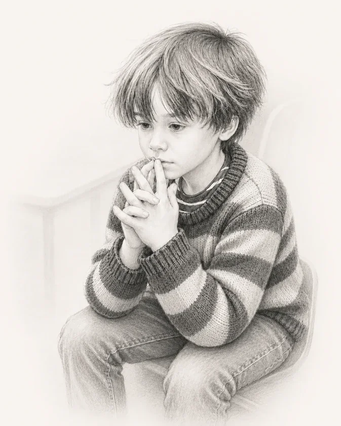 Pencil illustration of a child sitting in a classroom with hands clasped near his mouth, looking thoughtful and uncertain.
