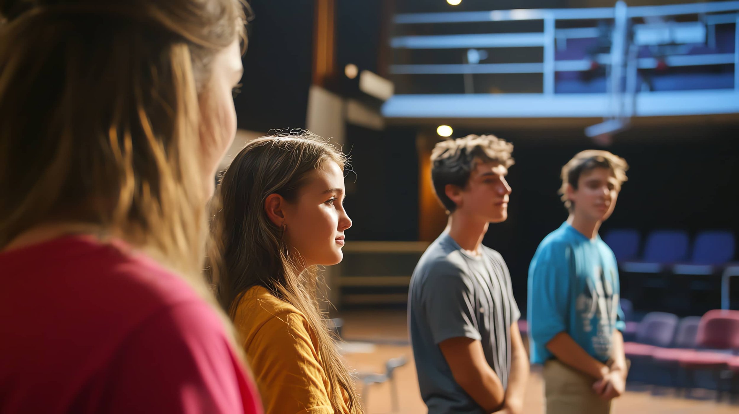 Four teenagers standing in a row indoors, facing forward, with serious expressions. The background shows a wooden staircase and a large window with blinds.
