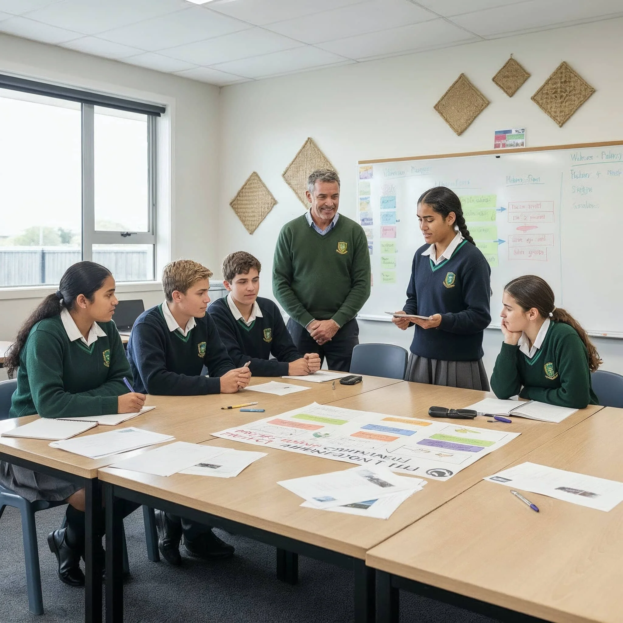 New Zealand students collaborating on a real-world classroom project for a community client, using drama-based strategies in a Commission Model approach.