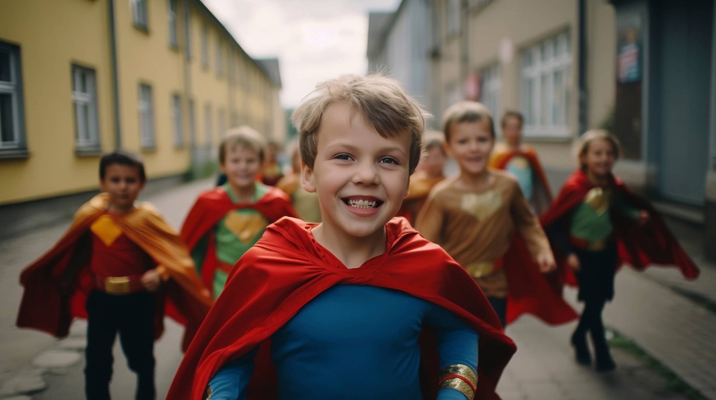 Kids playing superhero in a group