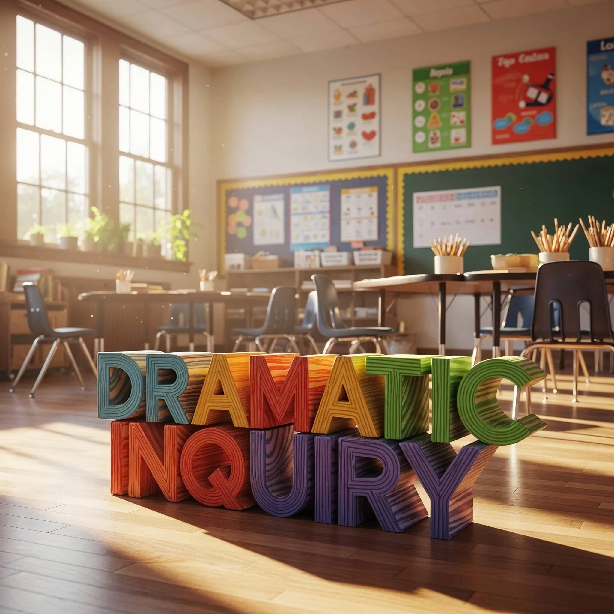 Wodden letters spelling Dramatic Inquiry in a class room