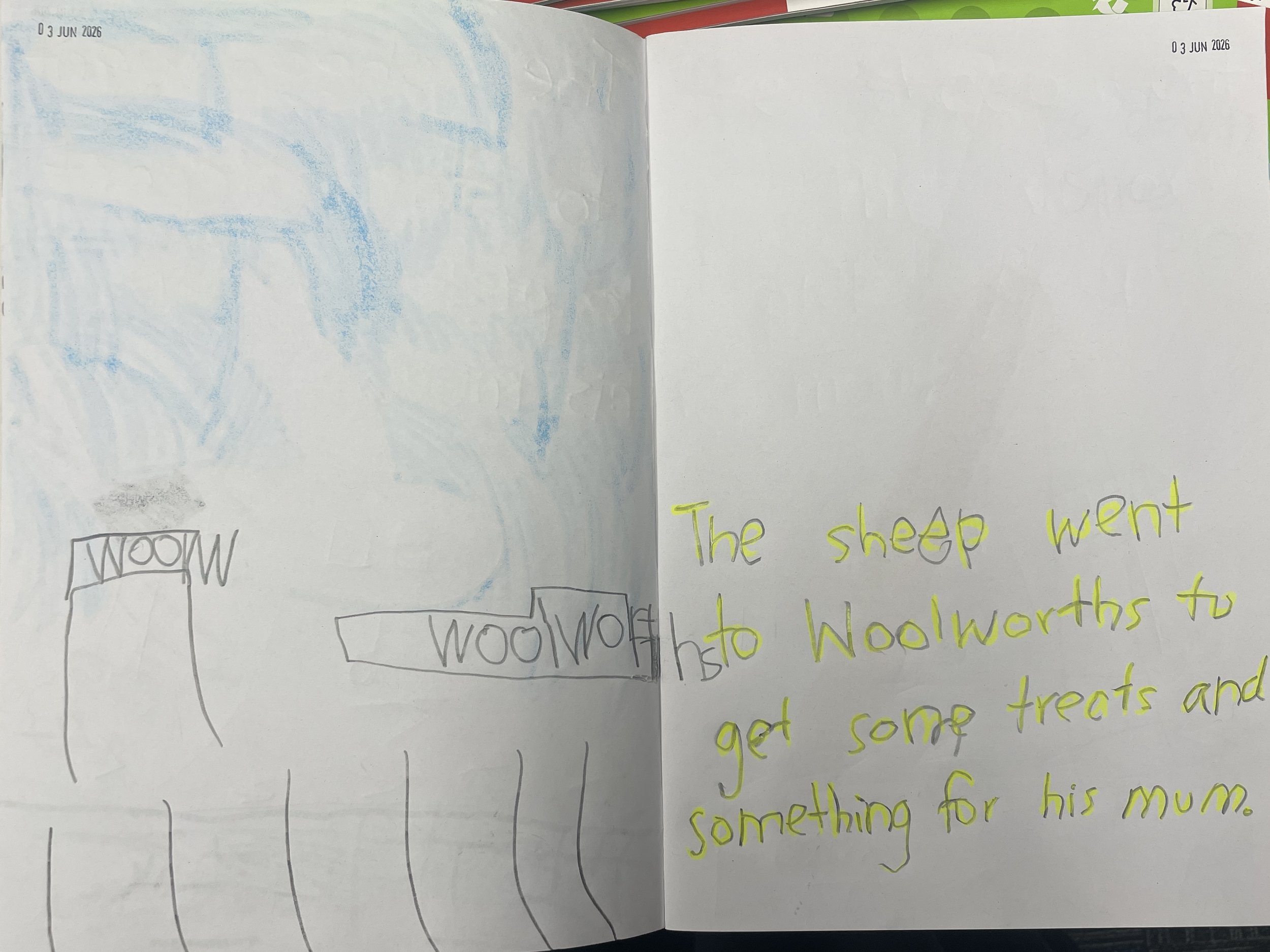 Student writing about Sheepy at Woolworths