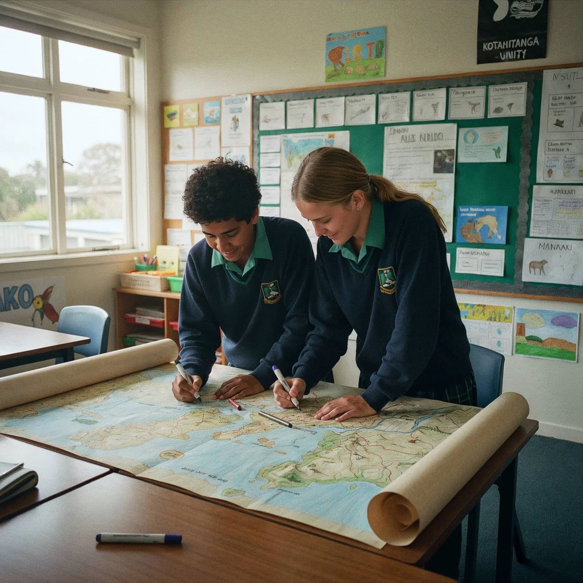 Two New Zealand students collaborating on a hand-drawn map in the classroom as part of a Rolling Role drama-based learning activity.
