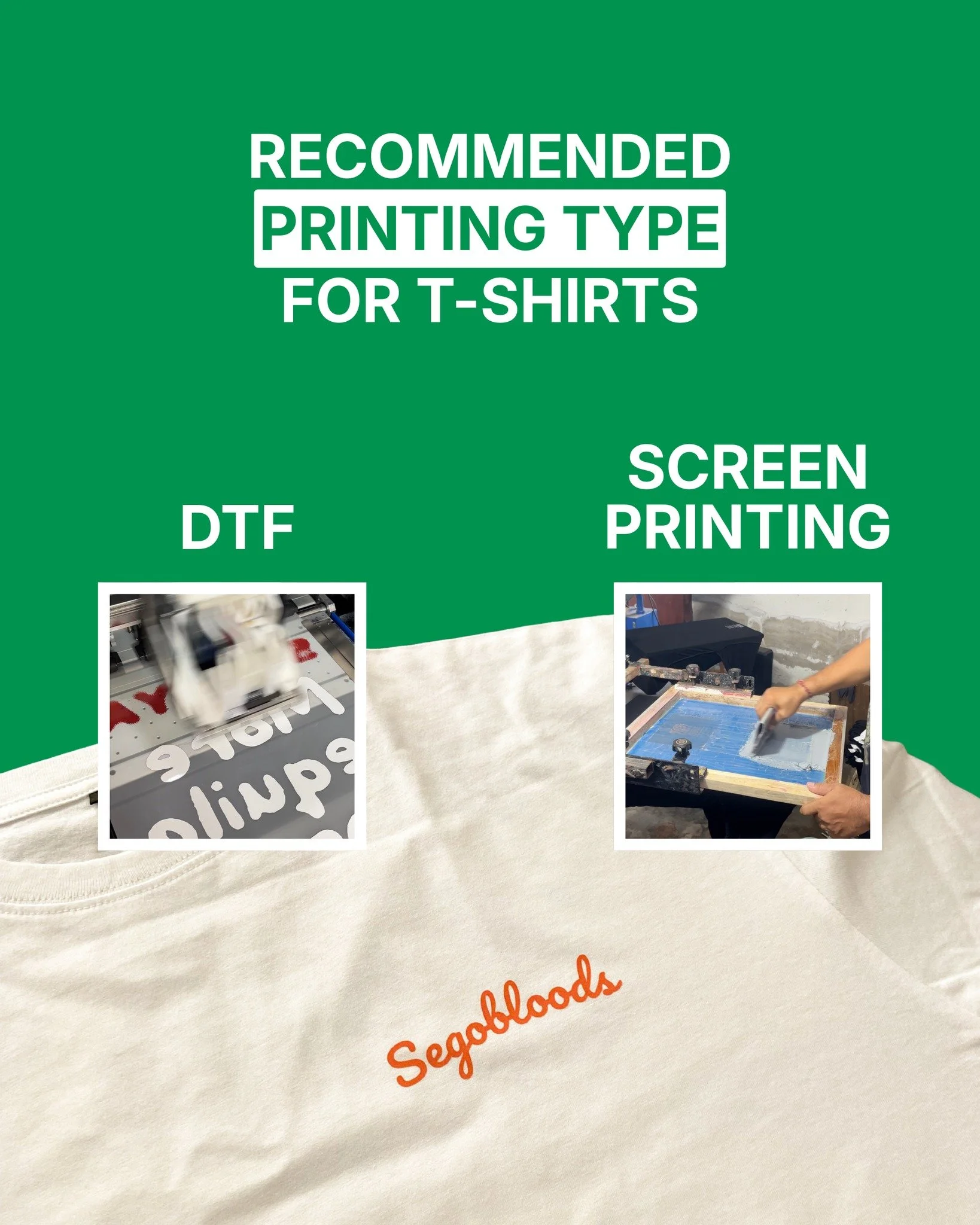 Choosing the right printing method makes all the difference 👕

DTF is perfect for quick turnaround and no minimum order, great for single custom pieces. Screen printing works best for larger quantities and clothing brands looking for long lasting re
