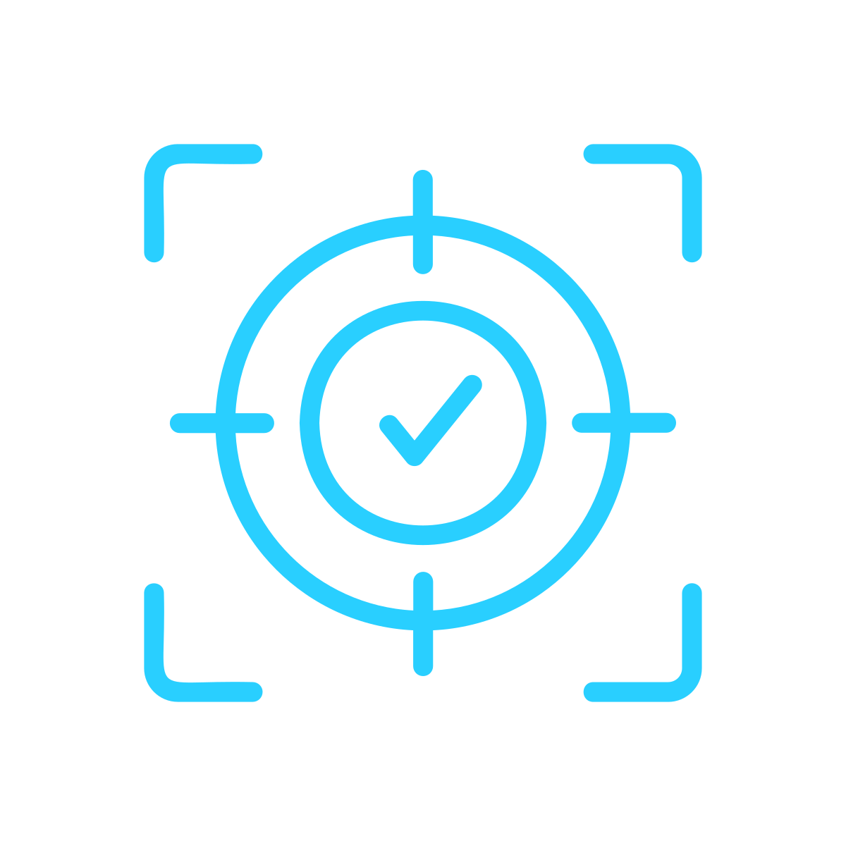 Blue icon of a target with a checkmark in the center, surrounded by four corner brackets.