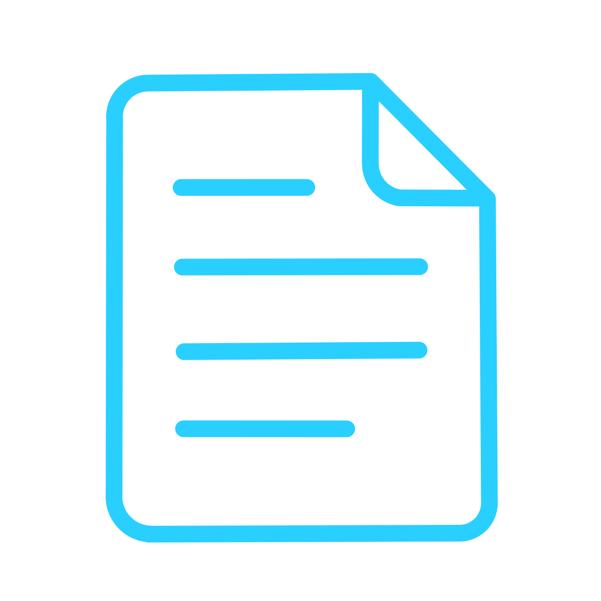 Outline icon of a document with lines representing text, in blue on a black background.